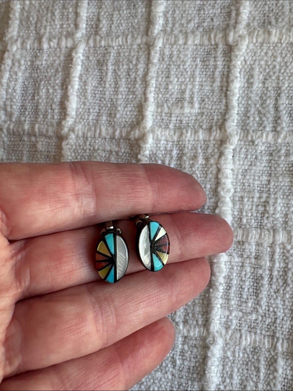 ZUNI OLD PAW  Inlay Oval Clip-On Earrings Turquoise, White & Multicolor